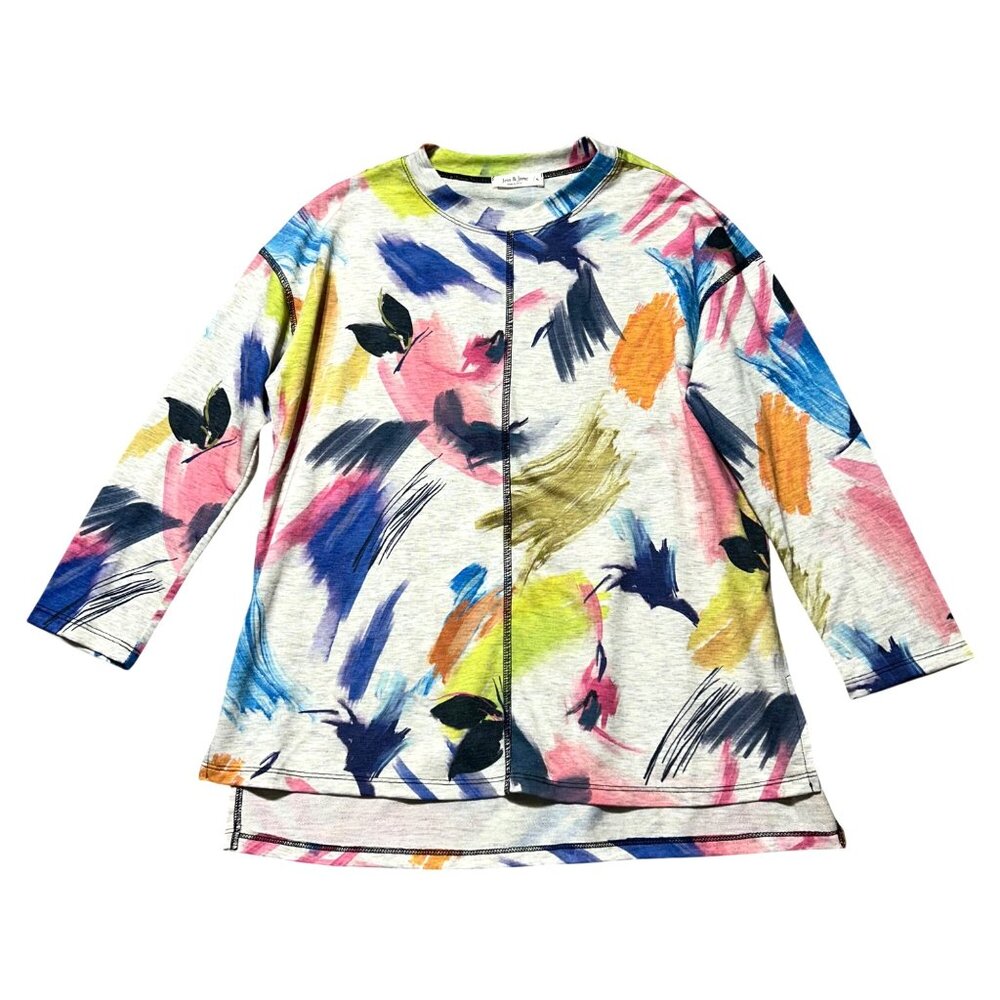 Jess & Jane Womens Small Colorful Abstract Print Tunic Top S 3/4 Sleeve